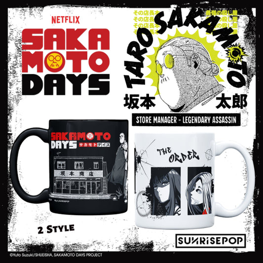 "Sakamoto Days ceramic mug featuring Sakamoto and Shin"
